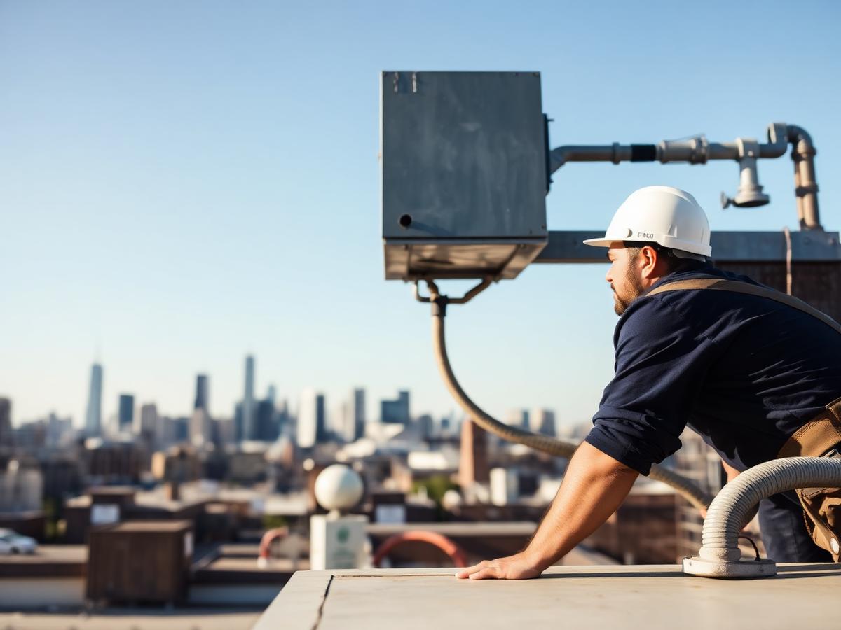 Skilled trades technician working on rooftop equipment above an Ohio skyline